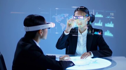 Futuristic business meeting: Asian women using augmented reality headsets for data analysis - Powered by Adobe