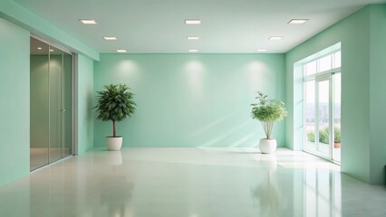 Fototapeta premium Serene Mint Green Room with Glass Door and Sunlight Streaming Through Window