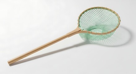 A Wooden Handled Butterfly Net with a Light Green Mesh for Capturing Insects Outdoors