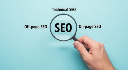 SEO Optimization Concept: Hand Holding Magnifying Glass Over SEO Text on Blue Background