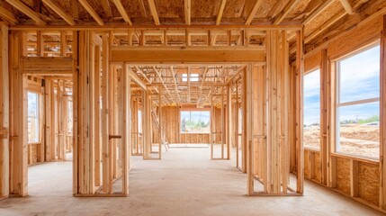 Interior view of a residential home construction site, showcasing the wood framing and layout design.
