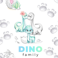 Seamless watercolor pattern cute newborn baby boy dinosaurs family mom and dad for nursery design in cartoon style for print, wallpaper, fabric