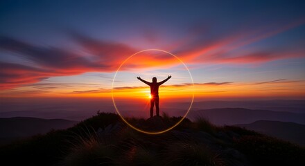 Silhouette of Person on Hilltop at Dawn with Arms Raised, Symbolizing Overcoming Darkness and Embracing Hope