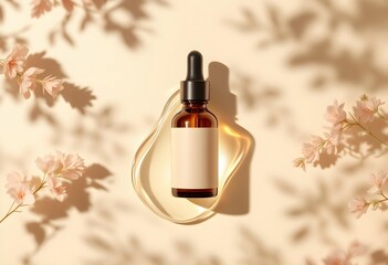 Skincare Essence Bottle with Drop Shadow on Beige Background