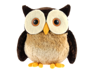 A plush baby owl toy with a fluffy white and brown texture and big eyes, a soft and adorable stuffed animal, isolated on a white background.