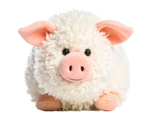A small pink plush pig toy with a soft texture and a cute, playful design, isolated on a white background.