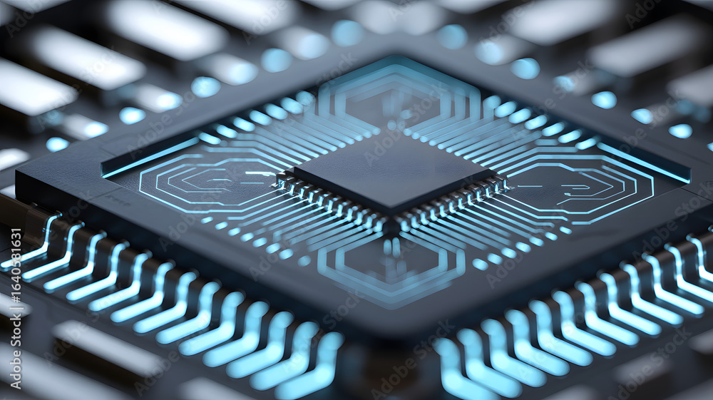 Fototapete digital core: a high-tech, photorealistic macro shot of a microchip, its intricate circuits glowing 