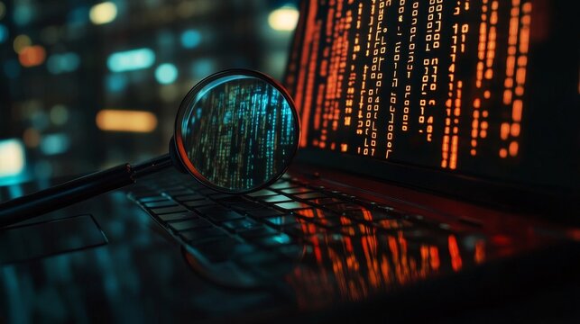 A laptop keyboard is shown with a magnifying glass over it. Binary code is displayed, suggesting a focus on computer programming or security.
