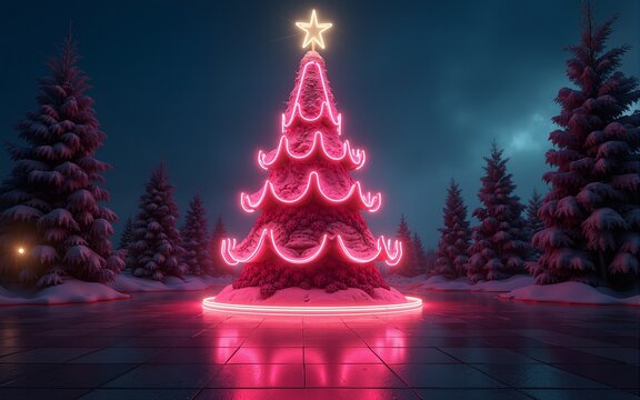 Christmas tree retro-futurism neon lamp. High quality