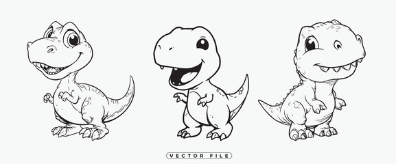 Obraz premium Cartoon dinosaurs in various poses and facial expressions black and white vector