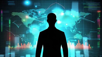 Digital business concept featuring silhouette person with world map, glowing data charts, global network, technology innovation, digital data, and dynamic market trends futuristic global business - Powered by Adobe