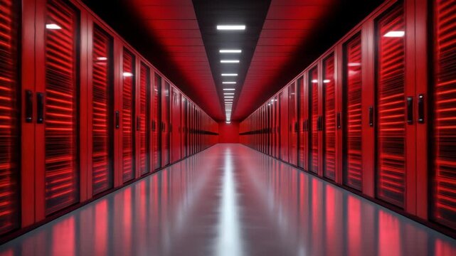 Rows of red computer servers in a long, bright, futuristic hallway