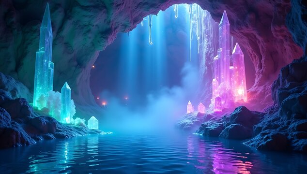 "Inside a glowing crystal cave with walls emitting neon lights, mist drifting through, surreal fantasy environment"

