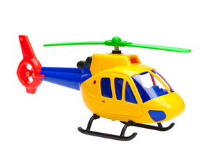 A blue and yellow baby toy helicopter, featuring a simple, safe design for a child to play with, isolated on a white background.