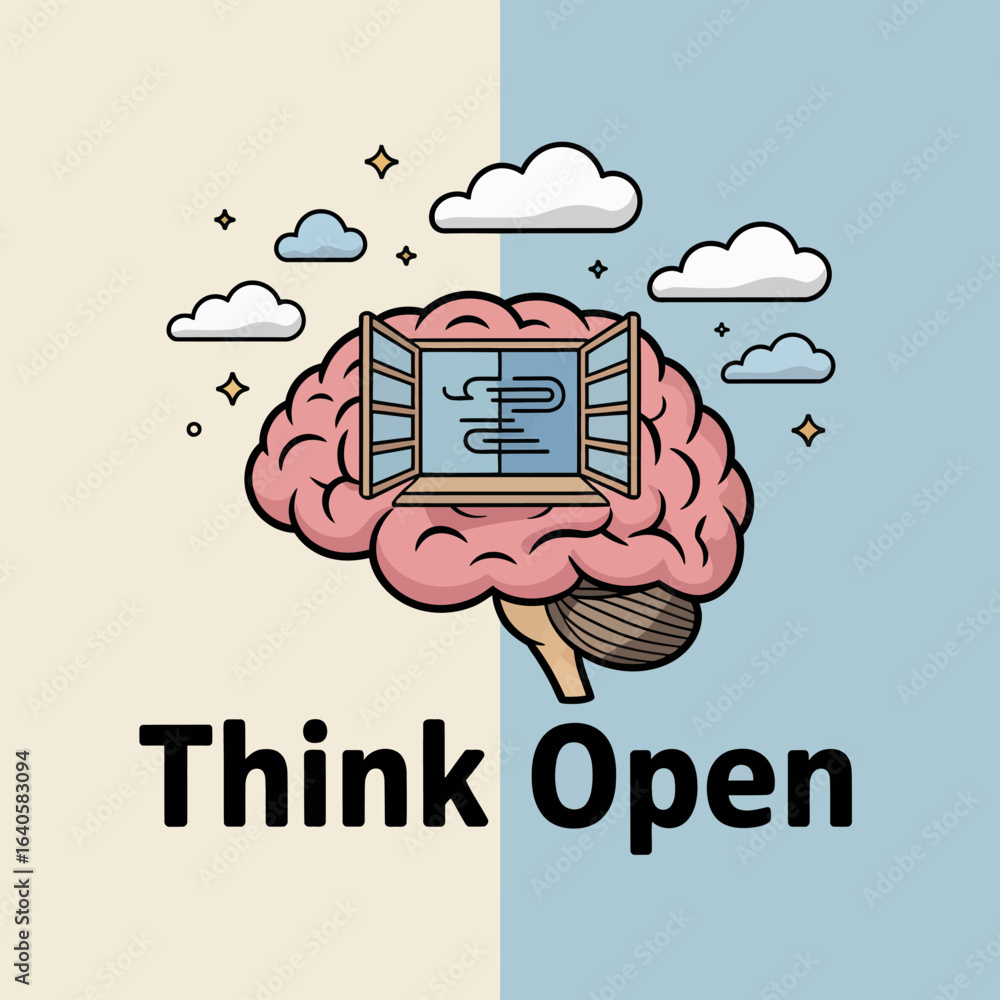 Aufkleber conceptual illustration of an open brain with a window revealing text and clouds symbolizing open mi