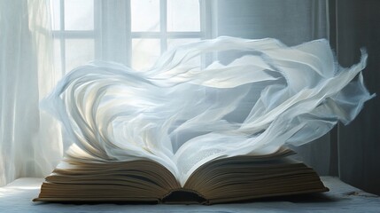 Mystical Book with Floating Fabric, Symbol of Knowledge and Imagination