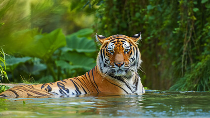 Majestic bengal tiger resting in lush green jungle water