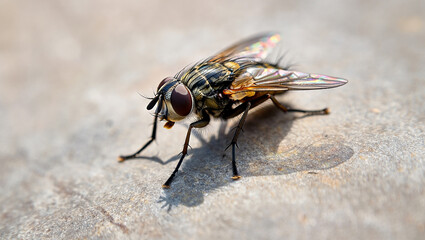 Obraz premium Close up macro shot of a common housefly resting on a textured surface