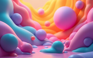 Colorful abstract 3D fluid with retro-futurism style, blending vibrant hues and bubbly shapes. High quality
