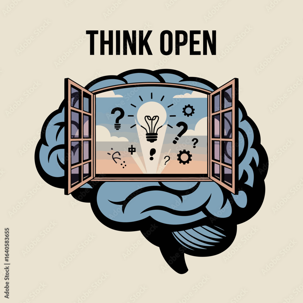 Aufkleber open window in brain showing lightbulb and question marks symbolizing open mindedness creativity and