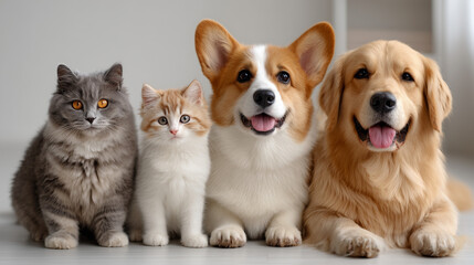 cats and dogs are sitting in a straight row from left to right