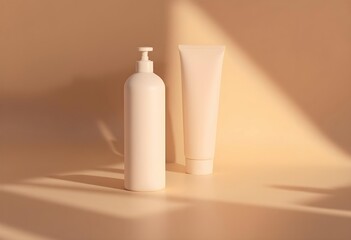 Trio of Matte Cosmetic Bottles on Beige Background