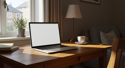 Fototapeta premium Cozy Home Office Setup with Laptop, Coffee, and Natural Light – A Perfect Workspace for Productivity and Relaxation