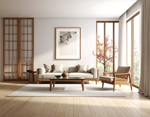 Light-filled living room with minimalist furniture and serene decor, featuring a neutral color palette and natural wood accents
