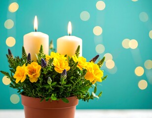 Lit candles flank yellow flowers in a terracotta pot, set against a bokeh teal backdrop