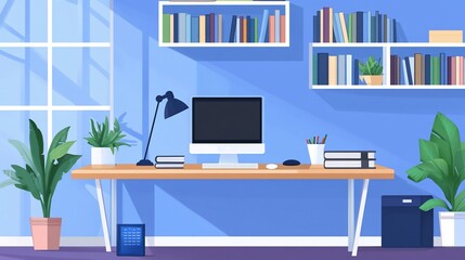 Stylish Home Office Setup with Modern Computer and Green Plants Decor