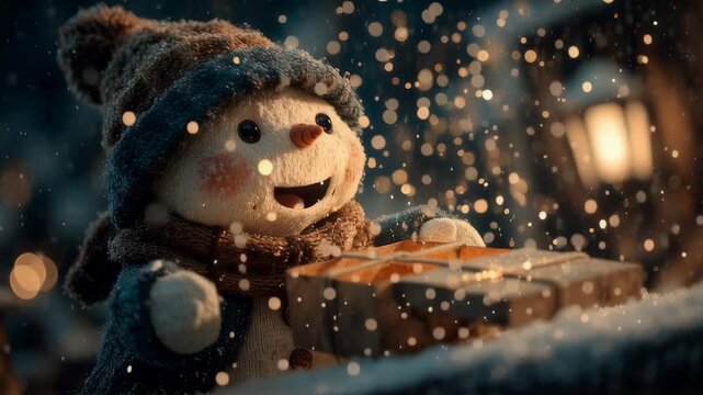 Magical snowman opening glowing gift box in winter night. Christmas toy animation concept for holiday greeting card, festive decoration, and seasonal celebration.