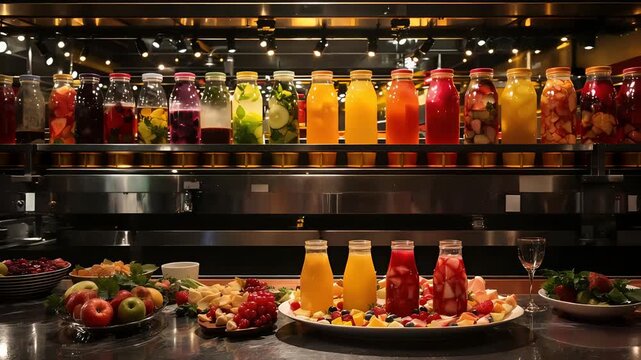 Variety of Colorful Juices and Fresh Fruits Displayed on a Buffet Table