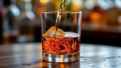 Whiskey Pour in Glass: A close-up shot features a transparent glass, containing ice cubes, as golden whiskey is poured into it. The liquid's rich color contrasts with the cold ice. - Powered by Adobe
