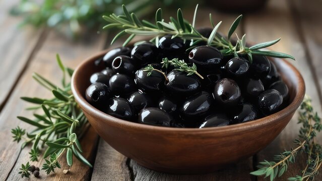 Dark olives in a bowl with herbs
