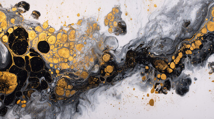 Smoke and ink marbling in black and gold on white paper