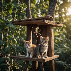 Curious baby cats climbing a mini treehouse, clear with a beautiful background