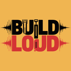 Build loud text logo with sound wave graphics and microphone and plunger icons representing audio creation and amplification for podcasts or music production
