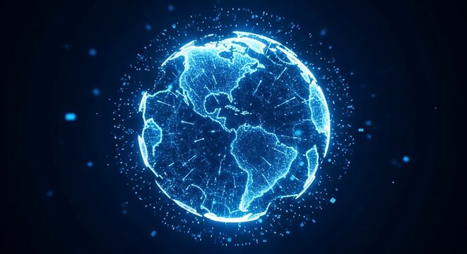 Glowing blue digital earth with connections and data streams
