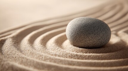 Zen Garden Stone Harmony: Serene Meditation Rock on Sand Ripples for Mindfulness Concepts