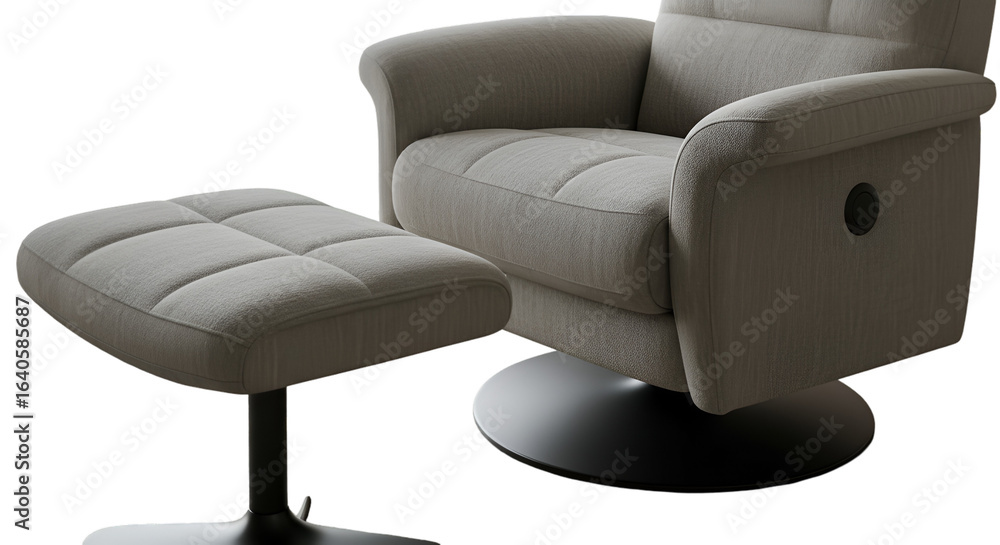 Poster isolated 3d render of a comfortable gray armchair with footstool on transparent background