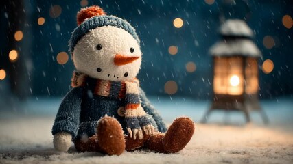 Cute plush snowman toy in winter scene with lantern. Christmas decoration, cozy holiday atmosphere. Festive home decor for greeting card or social media post. - Powered by Adobe