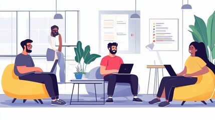 Diverse Team Collaborating in a Modern Workspace with Laptops and Creativity