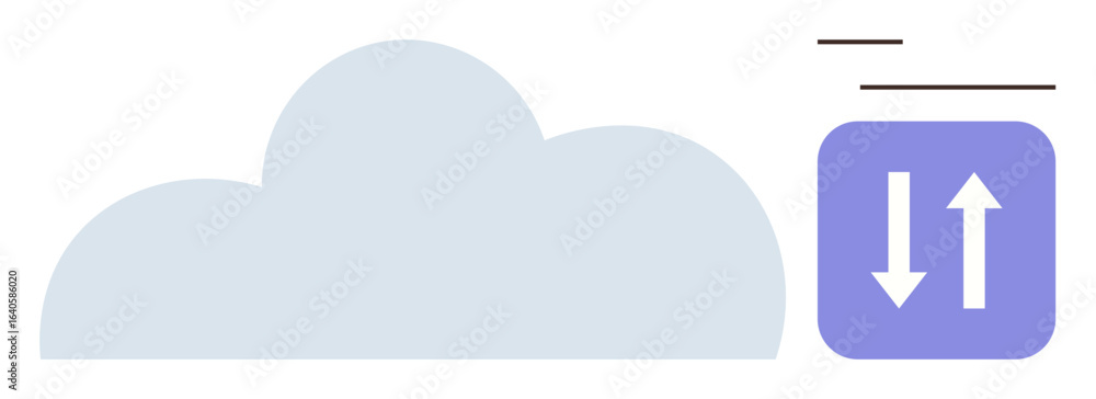 Poster cloud icon next to a purple square with up and down arrows symbolizes data synchronization, cloud st