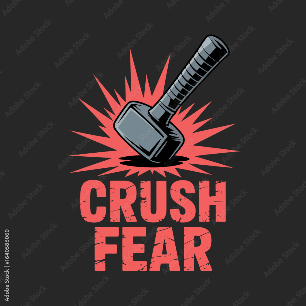 Poster mjolnir hammer crushing fear with a burst of energy and bold red text on a dark background