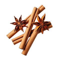 An aromatic still life of cinnamon sticks and star anise spices on a transparent background
