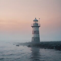 Minimal lighthouse emerging from thick ocean fog, soft pastel dawn colors, moody atmosphere, no people,Generative Ai
