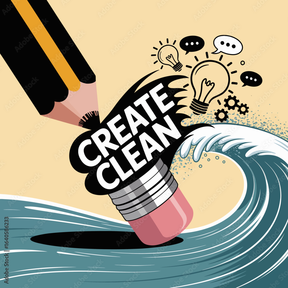 Poster creative idea generation and problem solving concept with a pencil erasing a wave and lightbulbs sym
