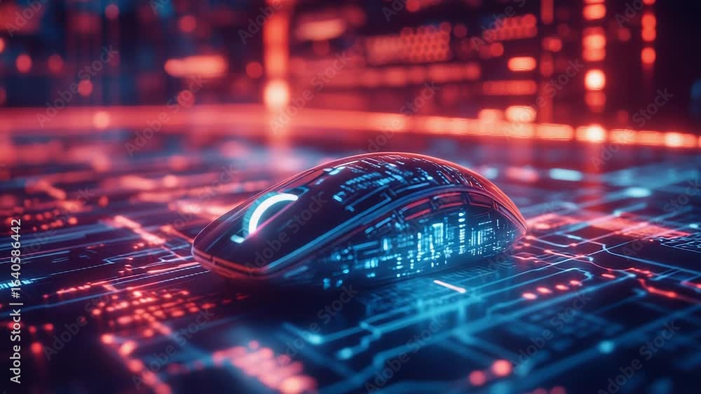 Poster wireless mouse resting on futuristic circuit board in cyberspace