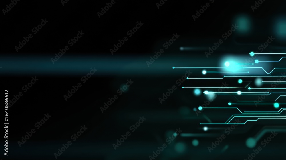Poster sleek, modern background featuring circuit pattern with glowing lines and dots, conveying sense of t