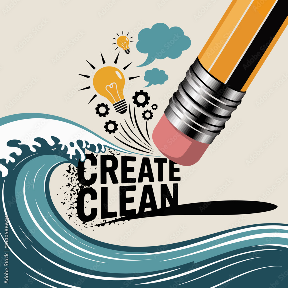 Poster a giant pencil eraser is about to erase the words create clean from a stylized wave symbolizing the 